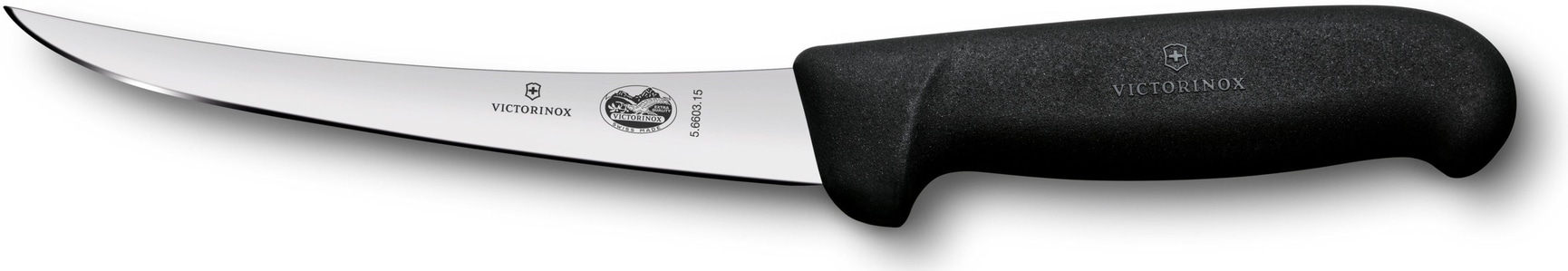 productImage: Utbeningskniv 15 cm Svart Fibrox med buet, smalt egg