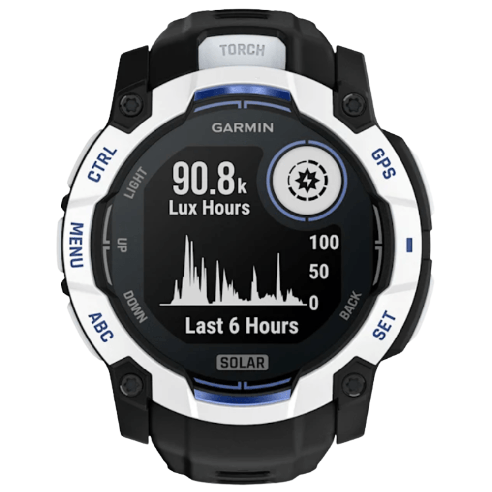productImage: Instinct 3 - 50 mm, Solar Whitestone With Black/Bolt Blue Silicone Band